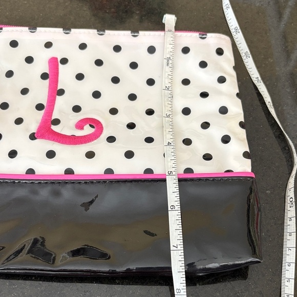 Mud Pie Black & White All PVC Polka Dot Cosmetic Bag Clutch Monogramed Pink “L” - Picture 7 of 8